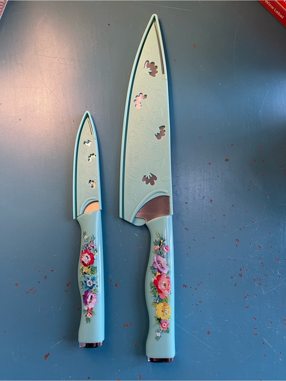 Pioneer Woman Floral Knife Set – 2 Piece, Teal Handles with Plastic Sheaths